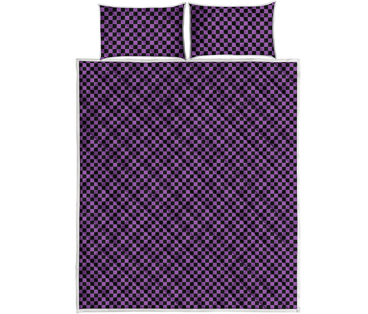 Purple And Black Checkered Pattern Print Quilt Bed Set