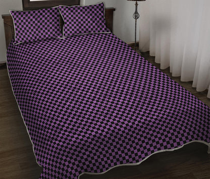 Purple And Black Checkered Pattern Print Quilt Bed Set