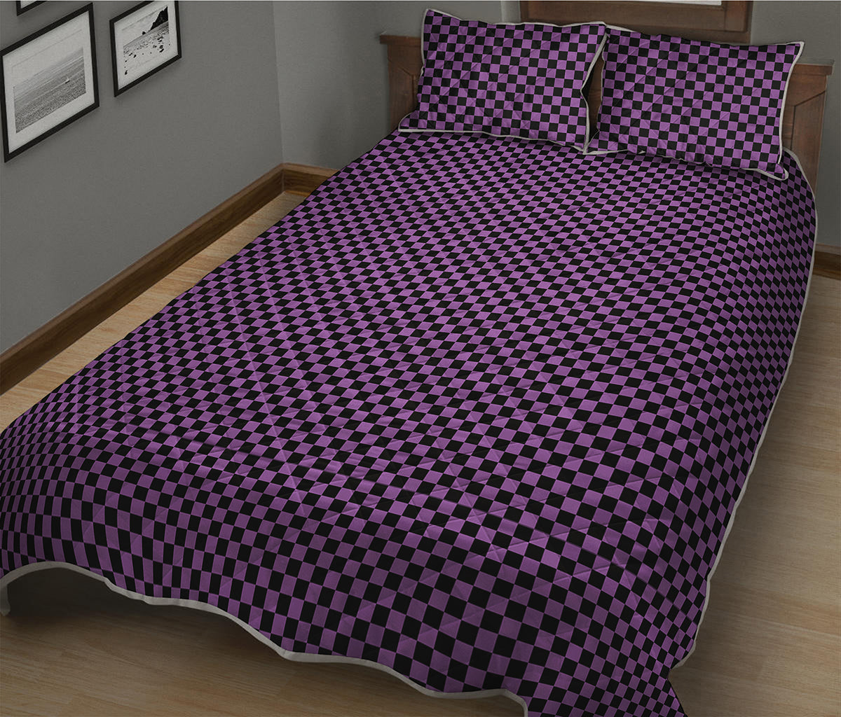 Purple And Black Checkered Pattern Print Quilt Bed Set
