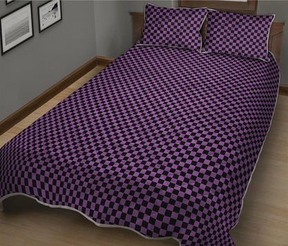 Purple And Black Checkered Pattern Print Quilt Bed Set
