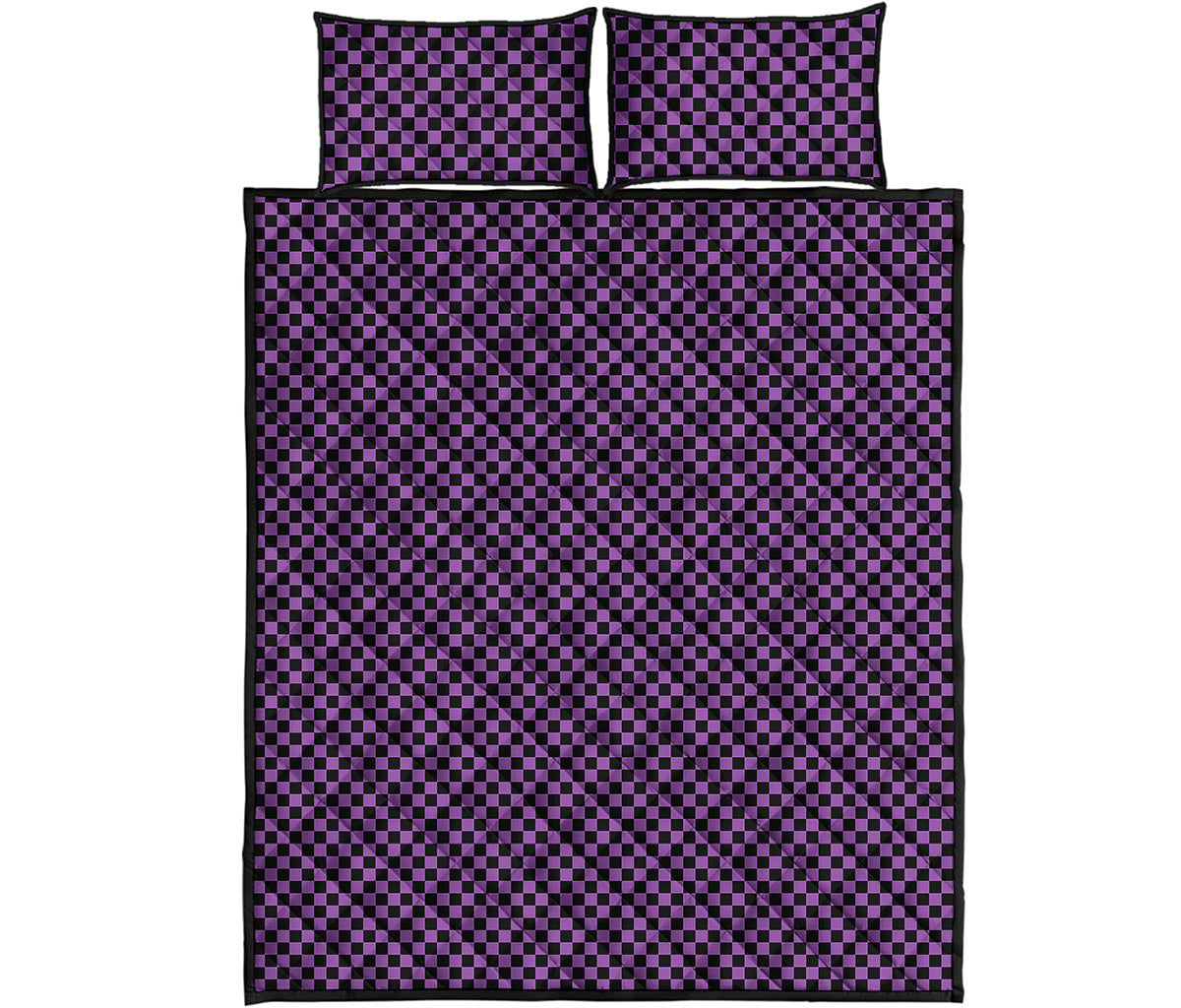 Purple And Black Checkered Pattern Print Quilt Bed Set