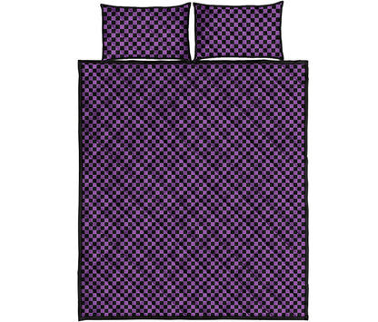 Purple And Black Checkered Pattern Print Quilt Bed Set
