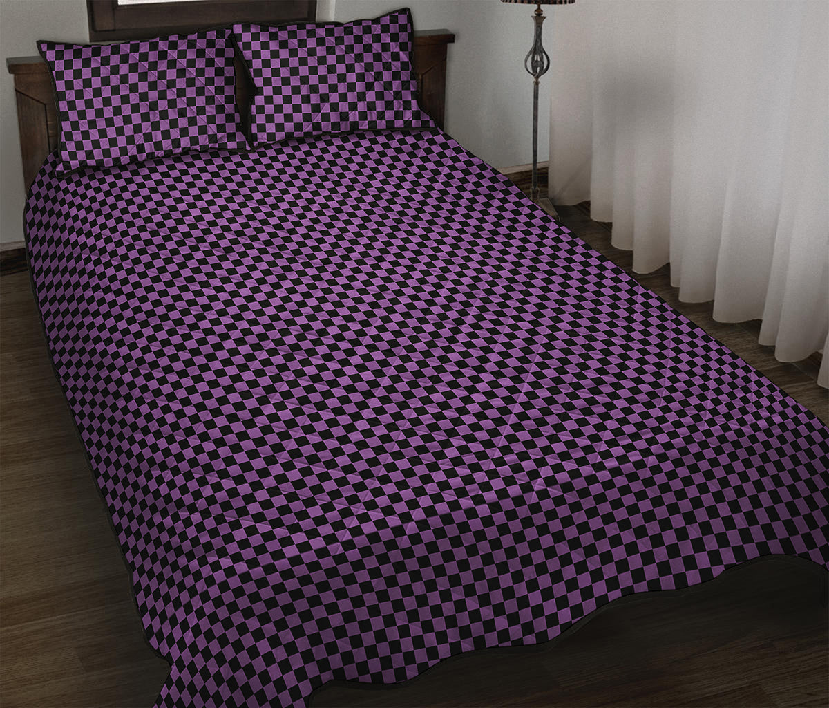 Purple And Black Checkered Pattern Print Quilt Bed Set