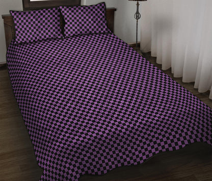 Purple And Black Checkered Pattern Print Quilt Bed Set