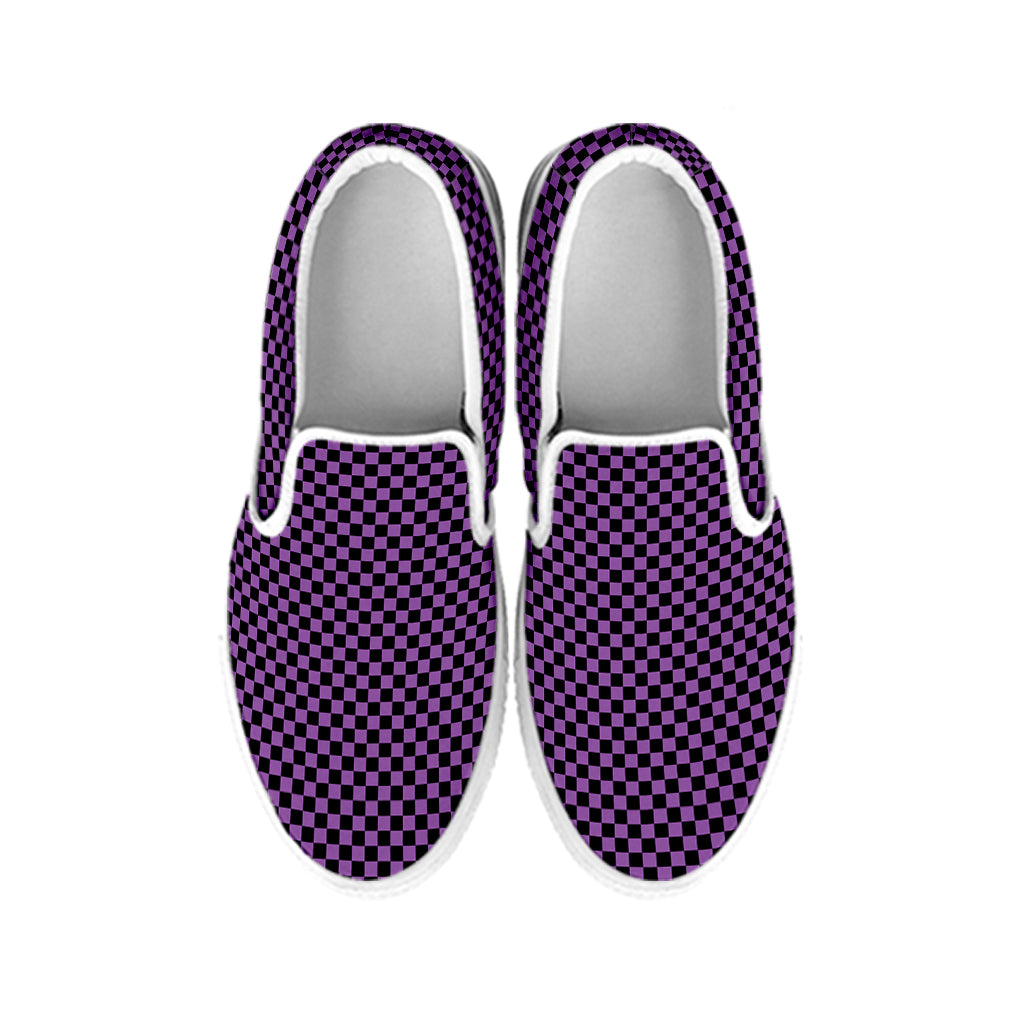 Purple And Black Checkered Pattern Print White Slip On Shoes