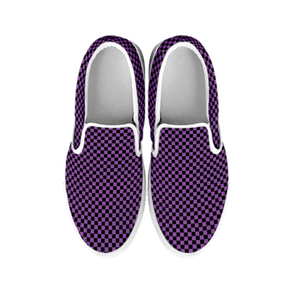 Purple And Black Checkered Pattern Print White Slip On Shoes