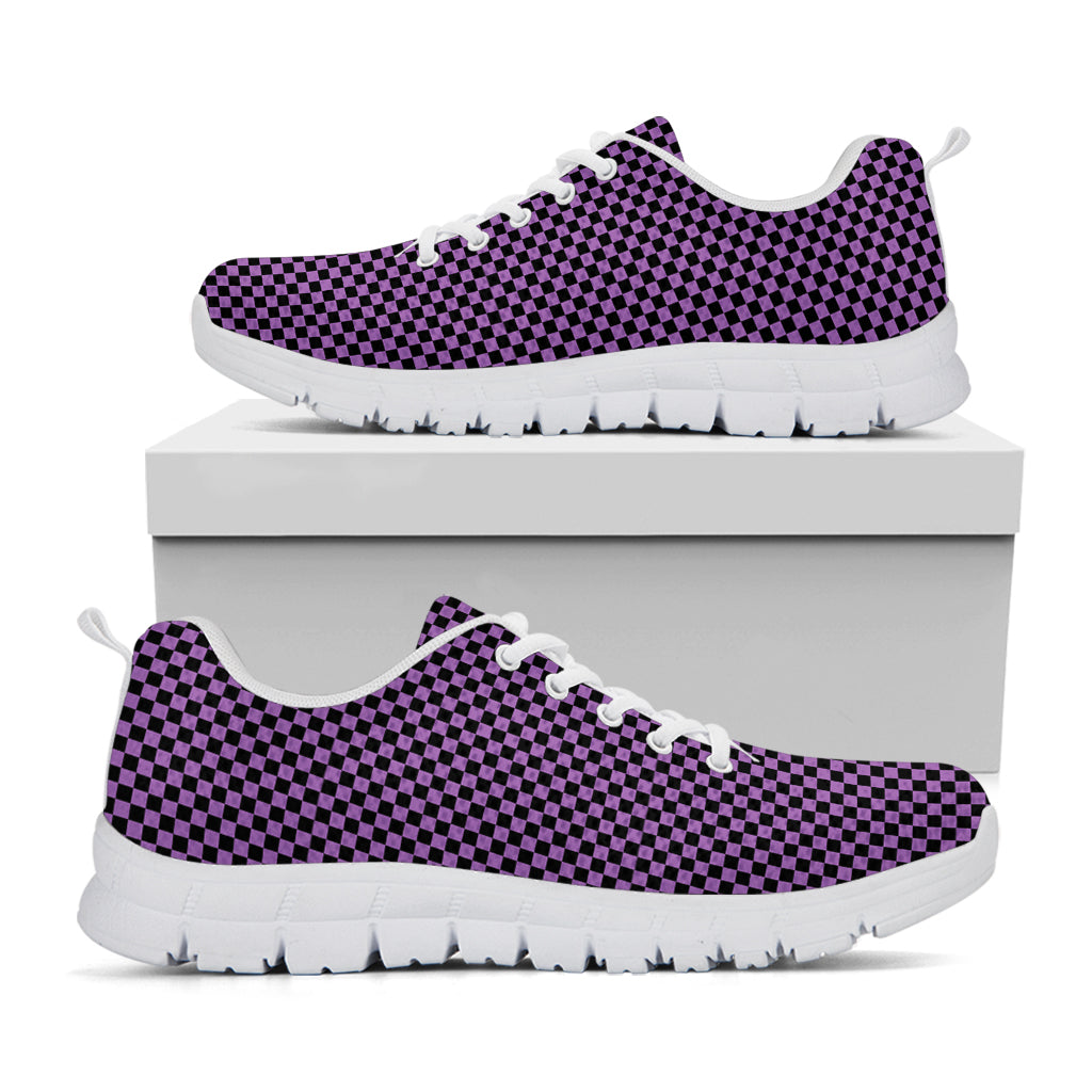 Purple And Black Checkered Pattern Print White Sneakers