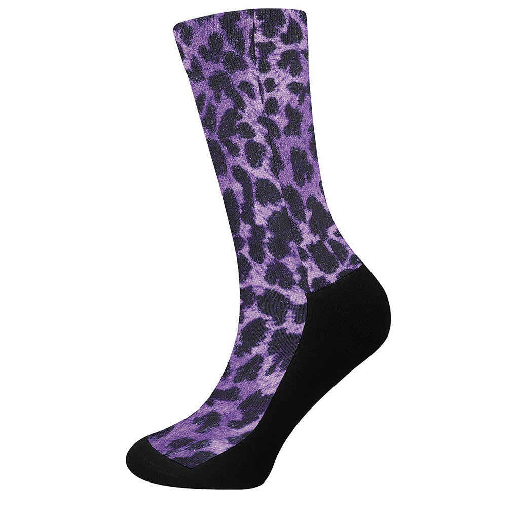 Purple And Black Cheetah Print Crew Socks