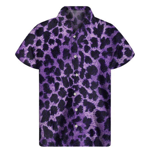 Purple And Black Cheetah Print Men's Short Sleeve Shirt