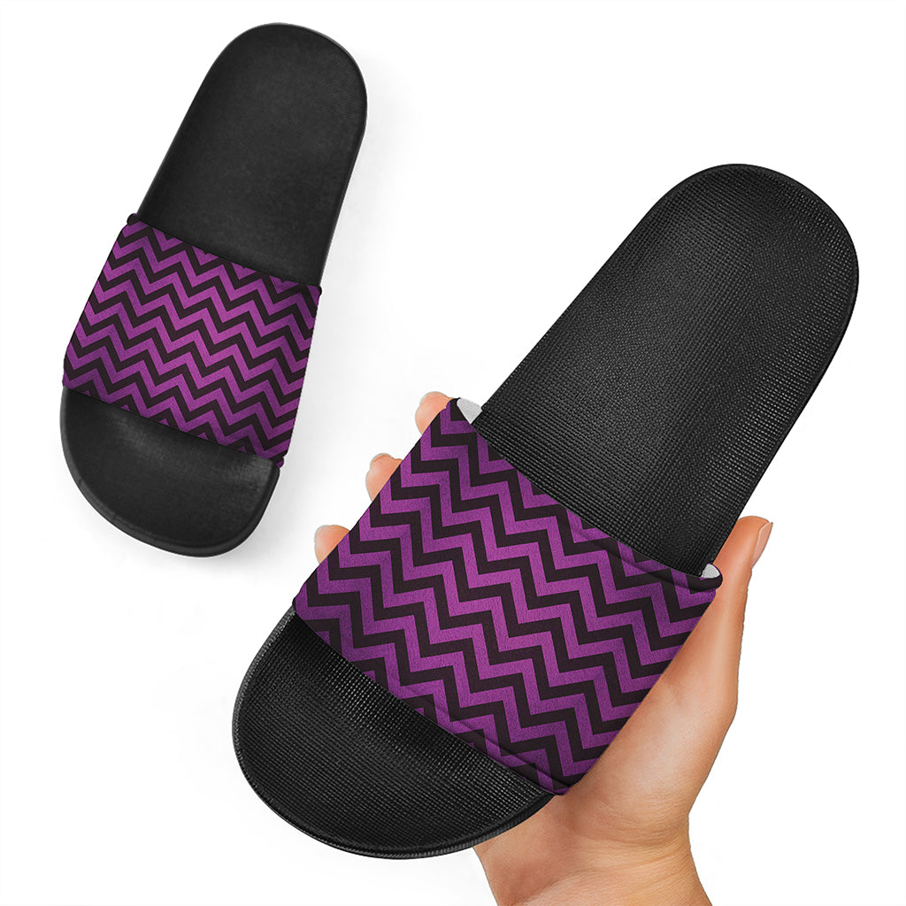 Purple And Black Chevron Pattern Print Black Slide Sandals