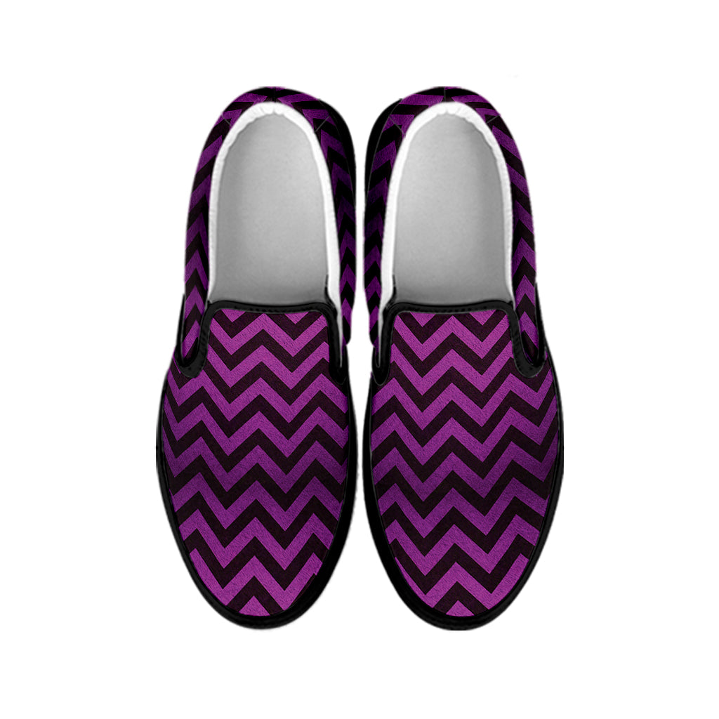 Purple And Black Chevron Pattern Print Black Slip On Shoes