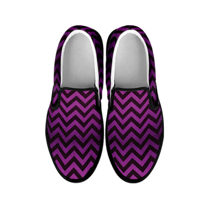 Purple And Black Chevron Pattern Print Black Slip On Shoes