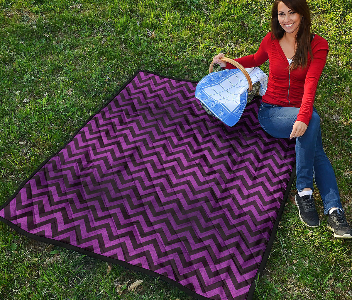 Purple And Black Chevron Pattern Print Quilt