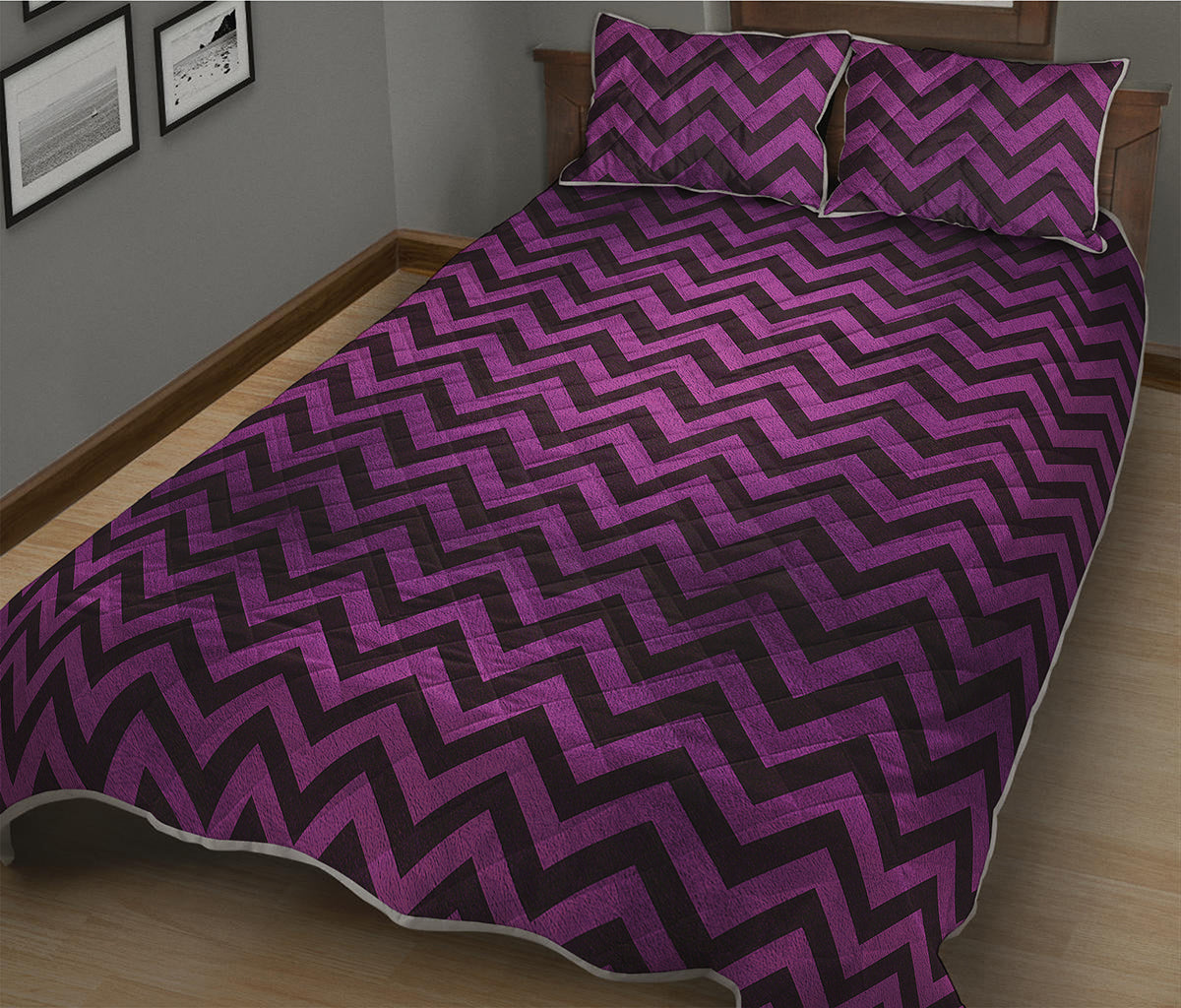 Purple And Black Chevron Pattern Print Quilt Bed Set
