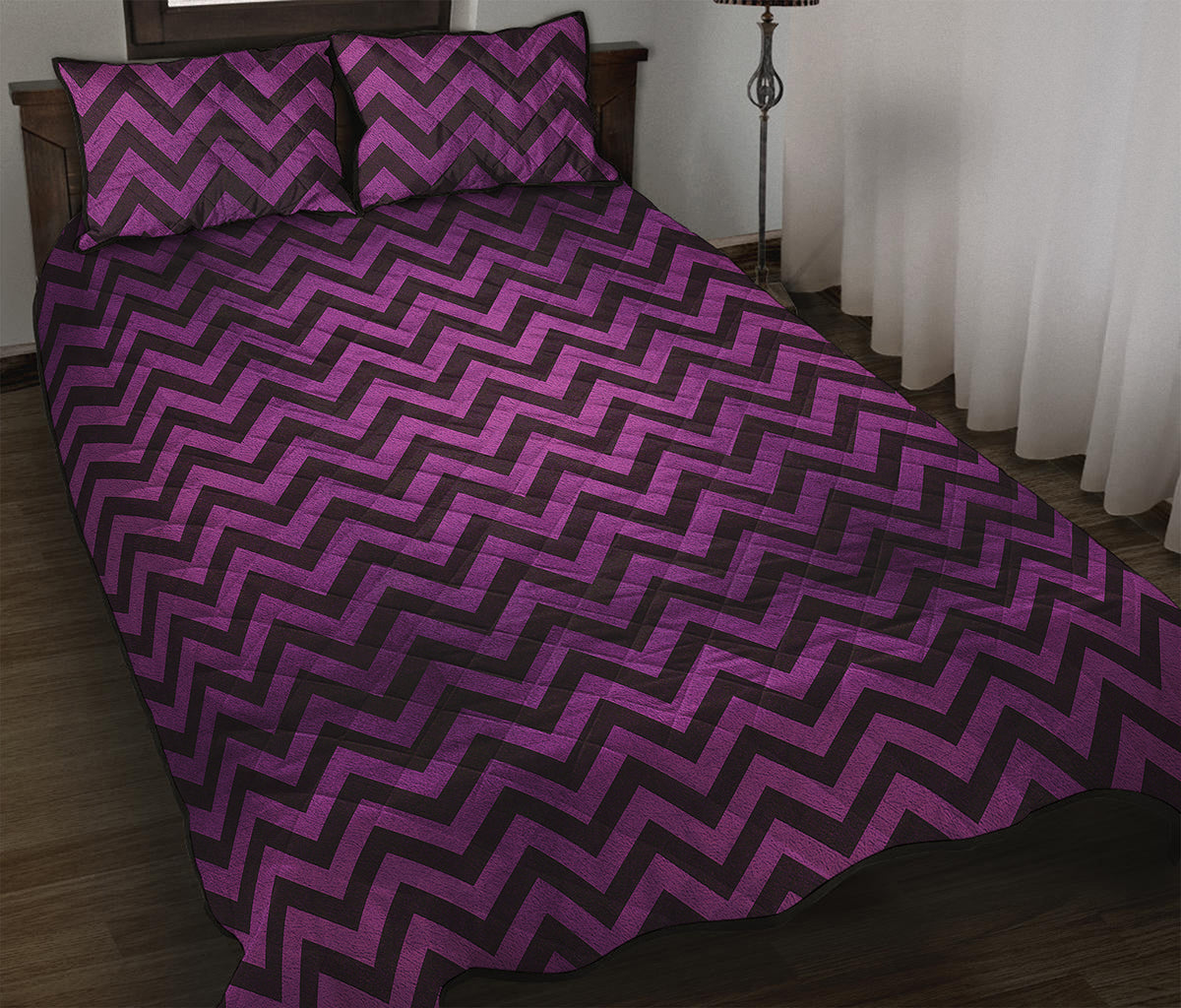 Purple And Black Chevron Pattern Print Quilt Bed Set