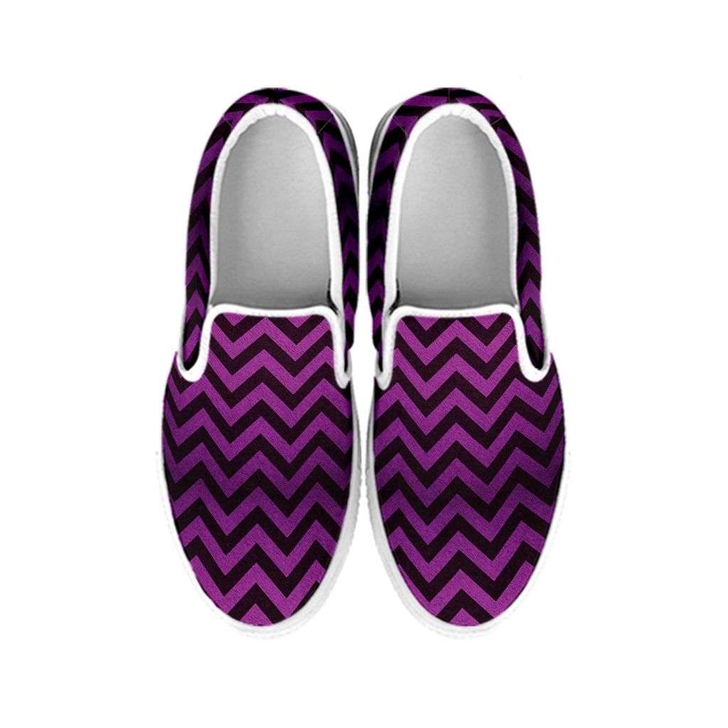 Purple And Black Chevron Pattern Print White Slip On Shoes