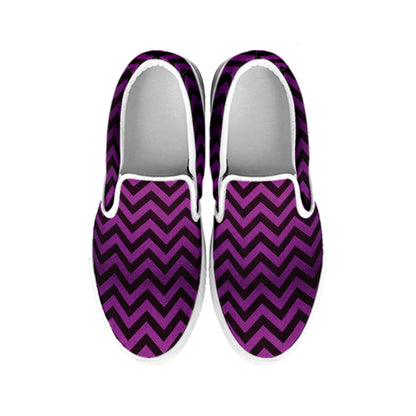 Purple And Black Chevron Pattern Print White Slip On Shoes