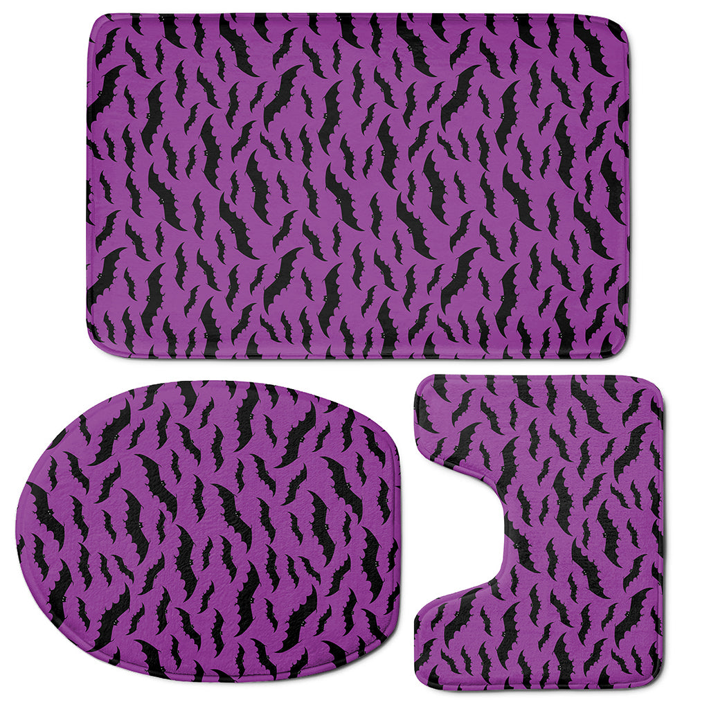 Purple And Black Halloween Bat Print 3 Piece Bath Mat Set