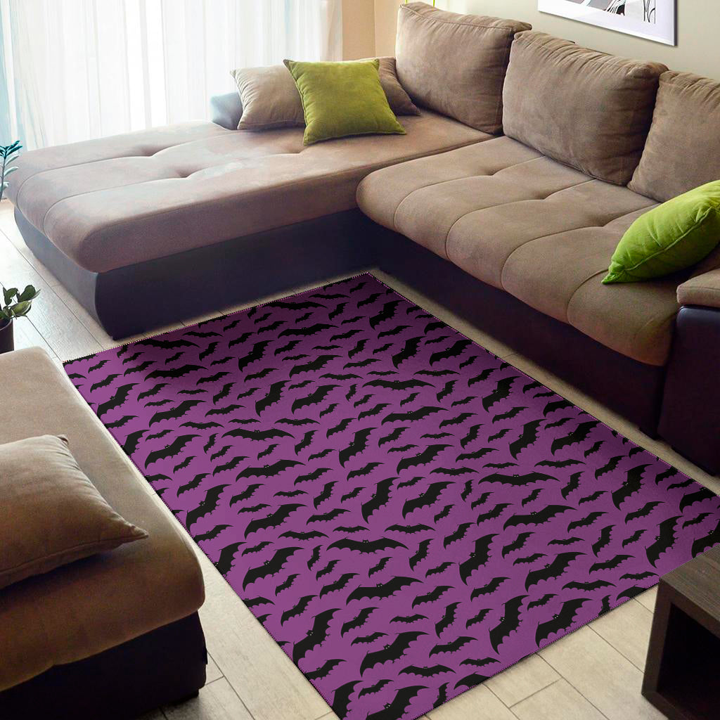 Purple And Black Halloween Bat Print Area Rug