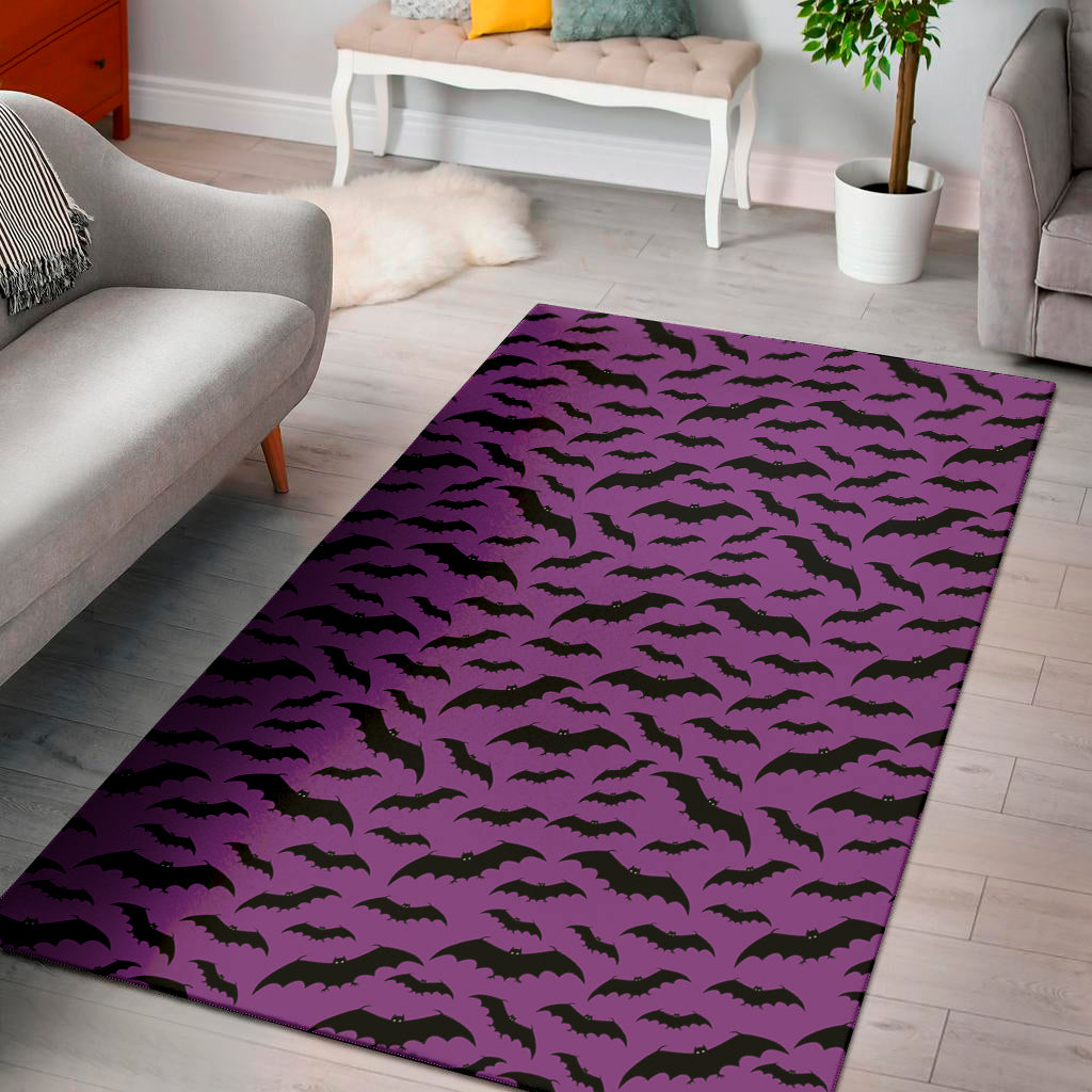 Purple And Black Halloween Bat Print Area Rug