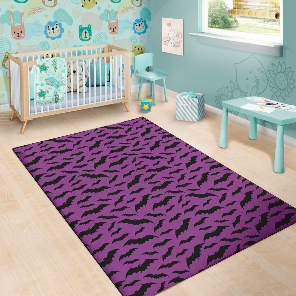 Purple And Black Halloween Bat Print Area Rug
