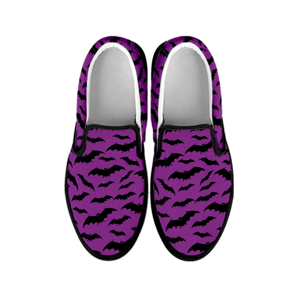 Purple And Black Halloween Bat Print Black Slip On Shoes