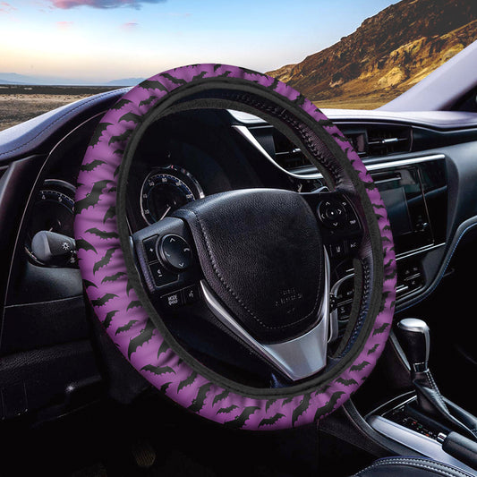 Purple And Black Halloween Bat Print Car Steering Wheel Cover