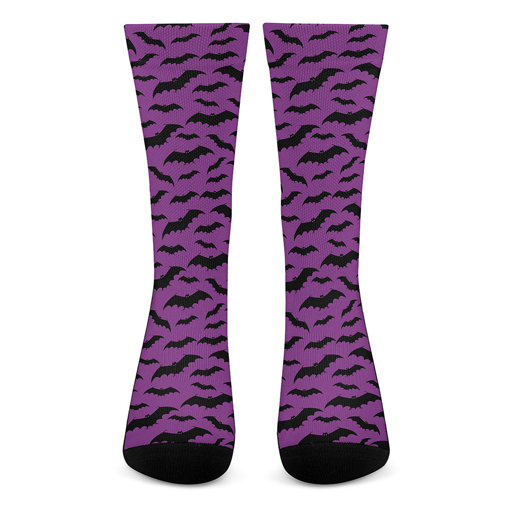 Purple And Black Halloween Bat Print Crew Socks