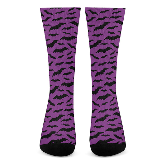 Purple And Black Halloween Bat Print Crew Socks