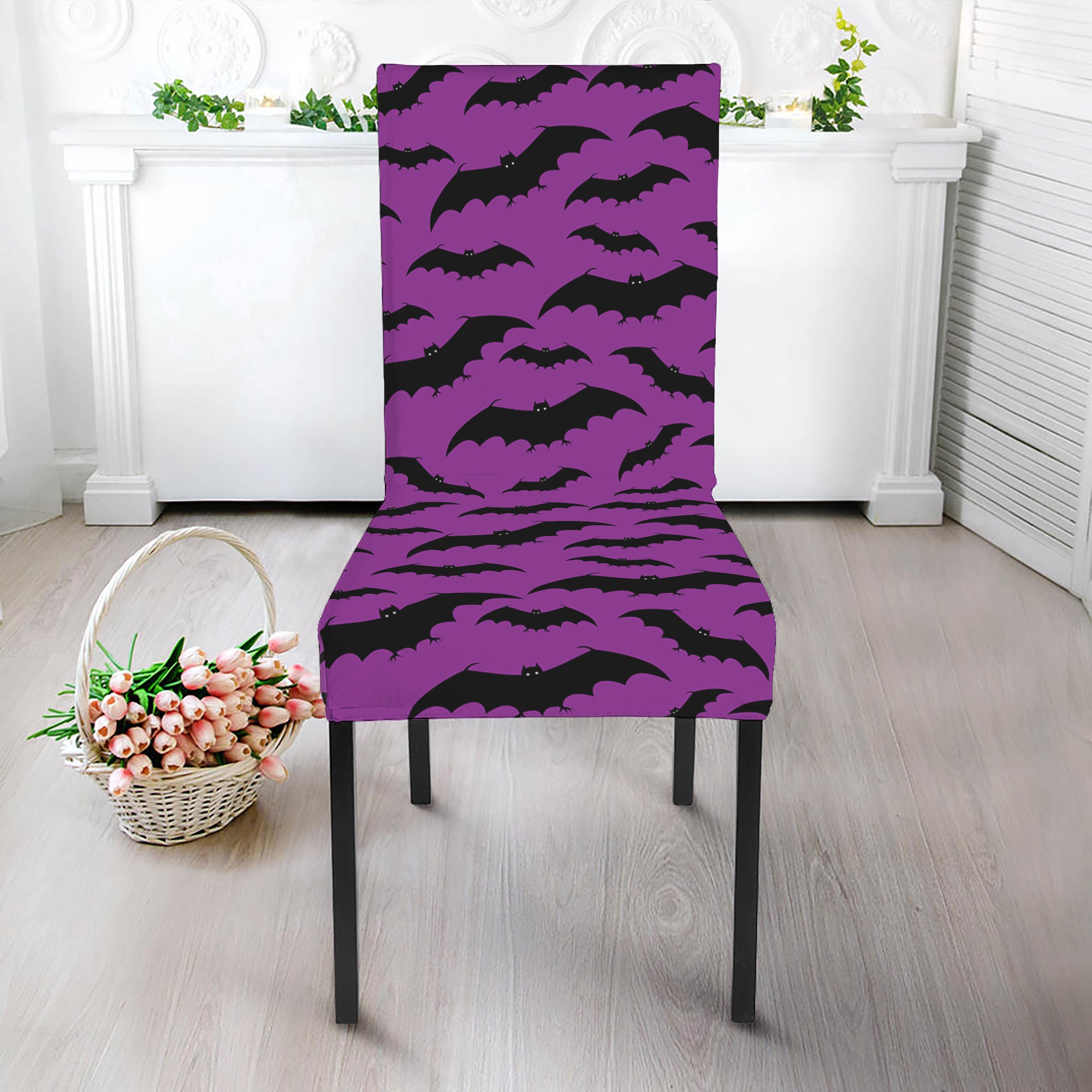 Purple And Black Halloween Bat Print Dining Chair Slipcover