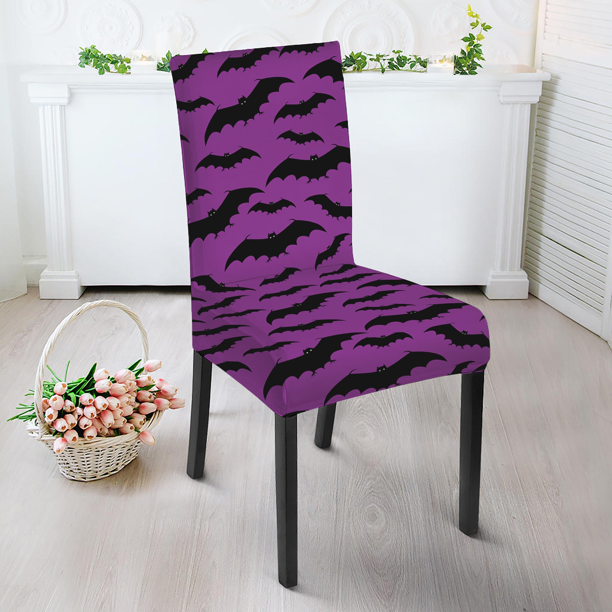 Purple And Black Halloween Bat Print Dining Chair Slipcover