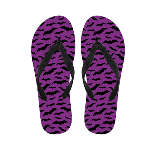 Purple And Black Halloween Bat Print Flip Flops