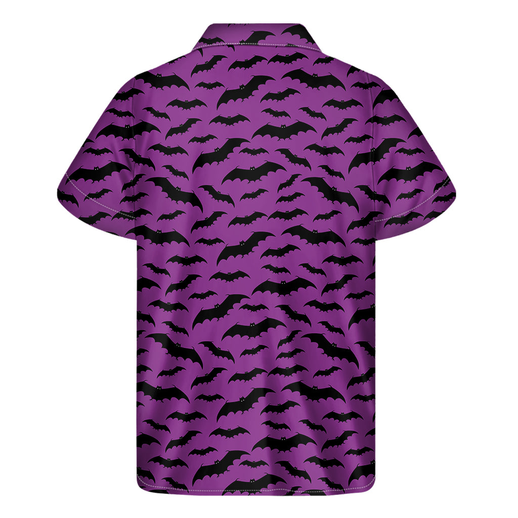 Purple And Black Halloween Bat Print Men's Short Sleeve Shirt