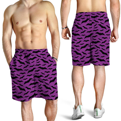 Purple And Black Halloween Bat Print Men's Shorts
