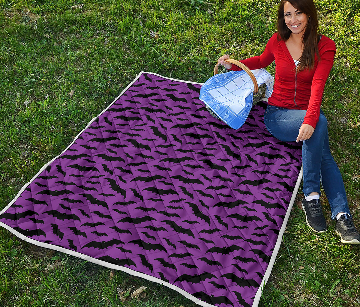 Purple And Black Halloween Bat Print Quilt