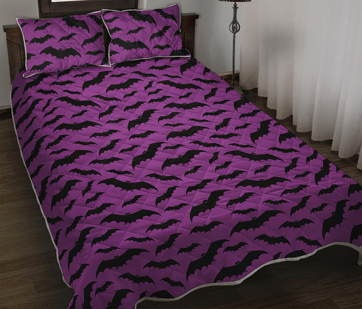 Purple And Black Halloween Bat Print Quilt Bed Set