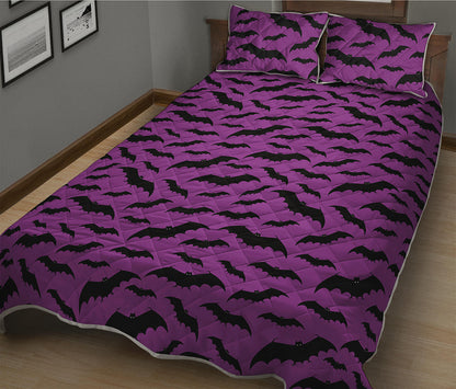 Purple And Black Halloween Bat Print Quilt Bed Set