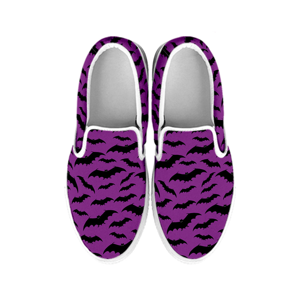 Purple And Black Halloween Bat Print White Slip On Shoes
