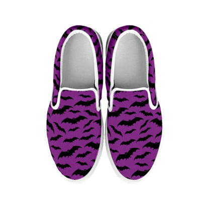 Purple And Black Halloween Bat Print White Slip On Shoes