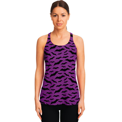 Purple And Black Halloween Bat Print Women's Racerback Tank Top