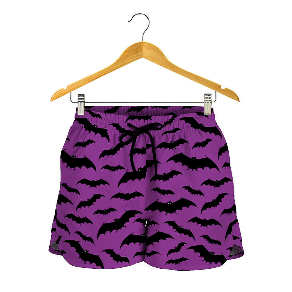 Purple And Black Halloween Bat Print Women's Shorts