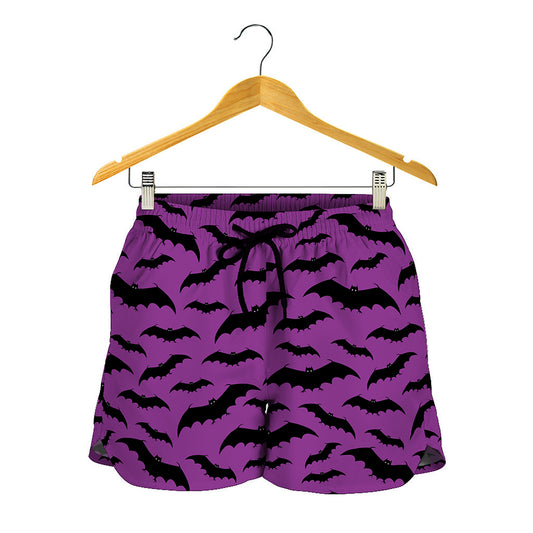 Purple And Black Halloween Bat Print Women's Shorts