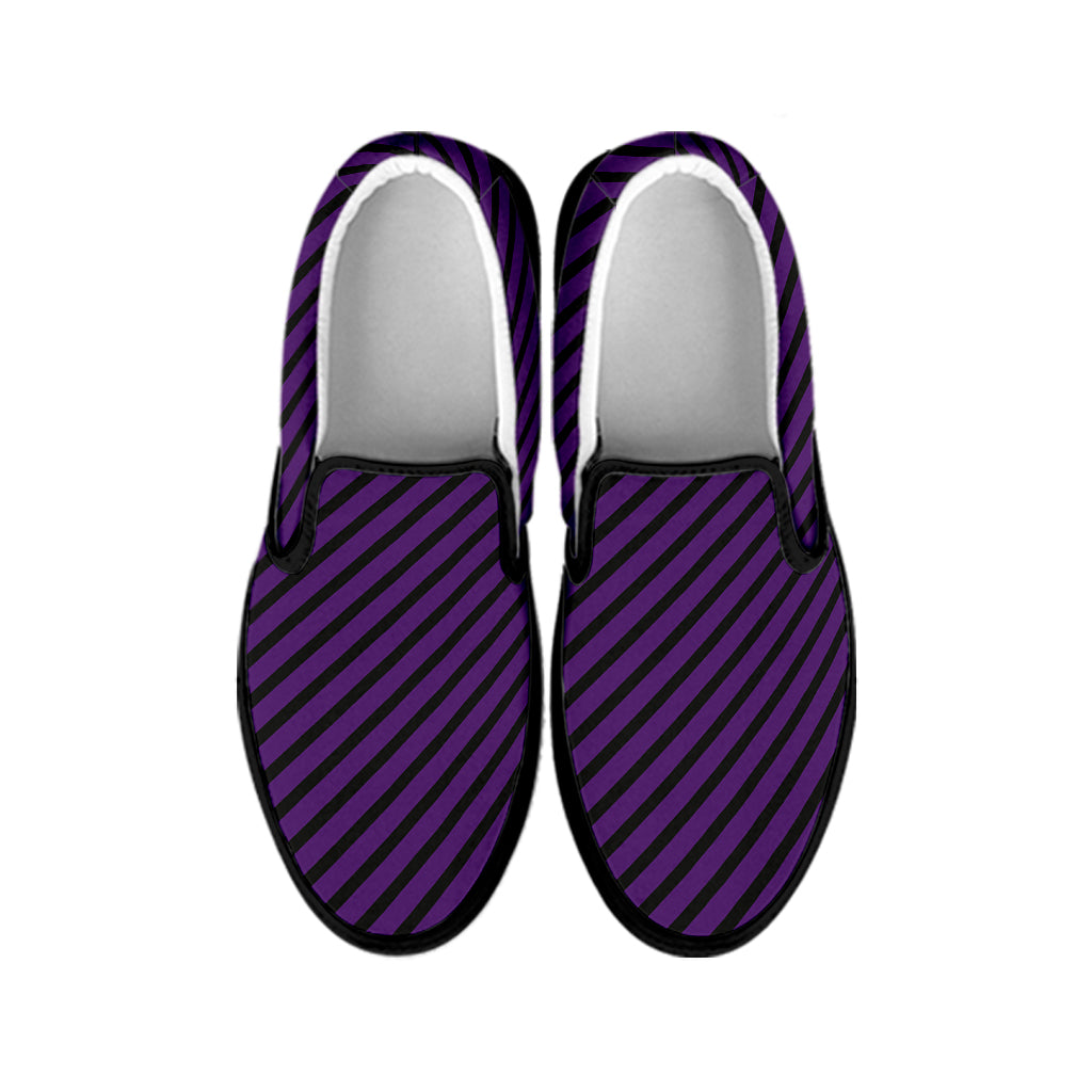 Purple And Black Halloween Pattern Print Black Slip On Shoes