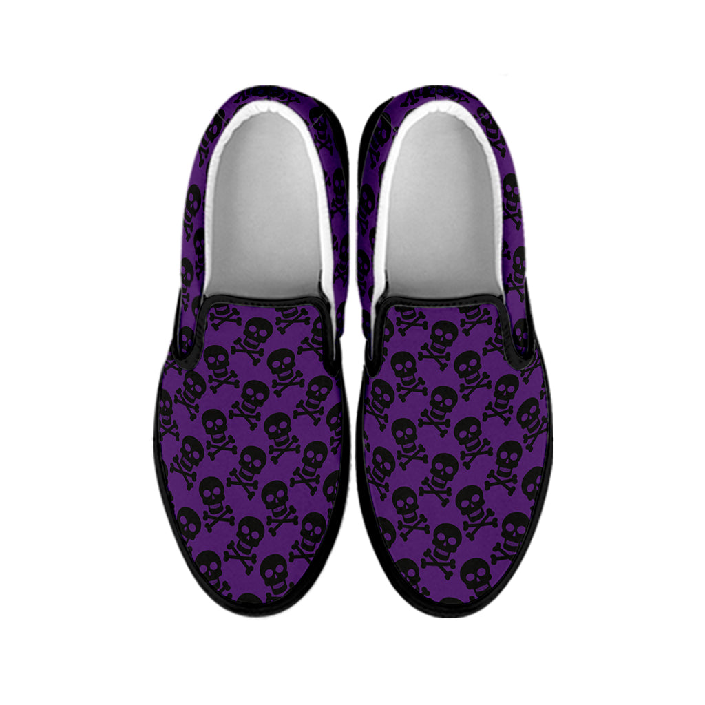 Purple And Black Halloween Skull Print Black Slip On Shoes