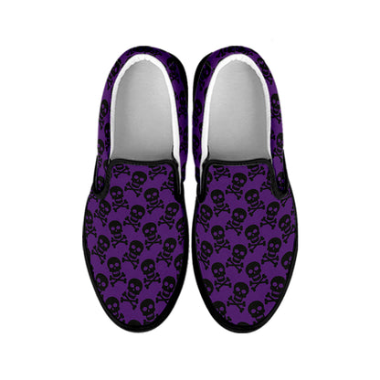Purple And Black Halloween Skull Print Black Slip On Shoes