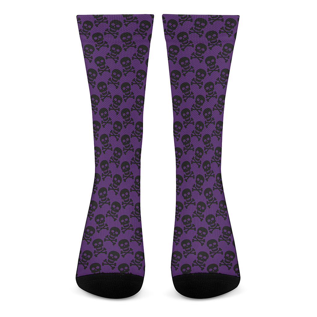 Purple And Black Halloween Skull Print Crew Socks