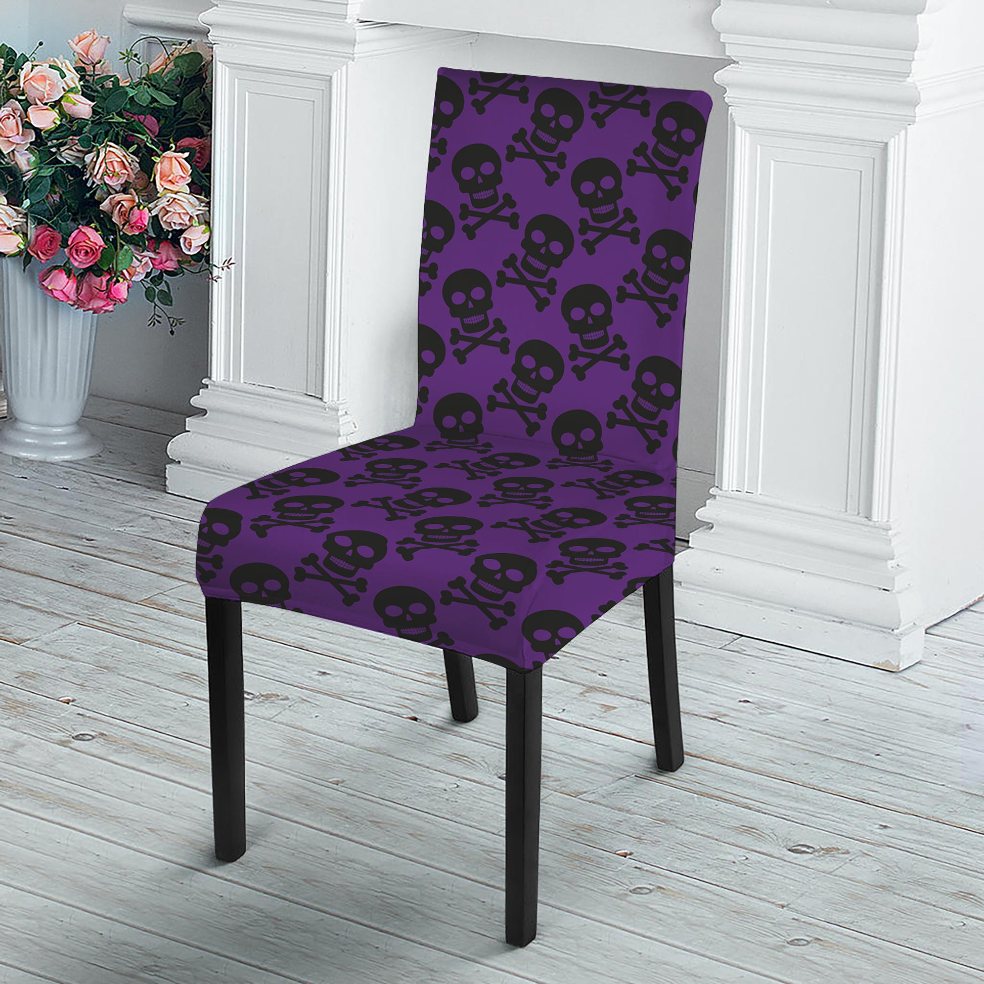 Purple And Black Halloween Skull Print Dining Chair Slipcover