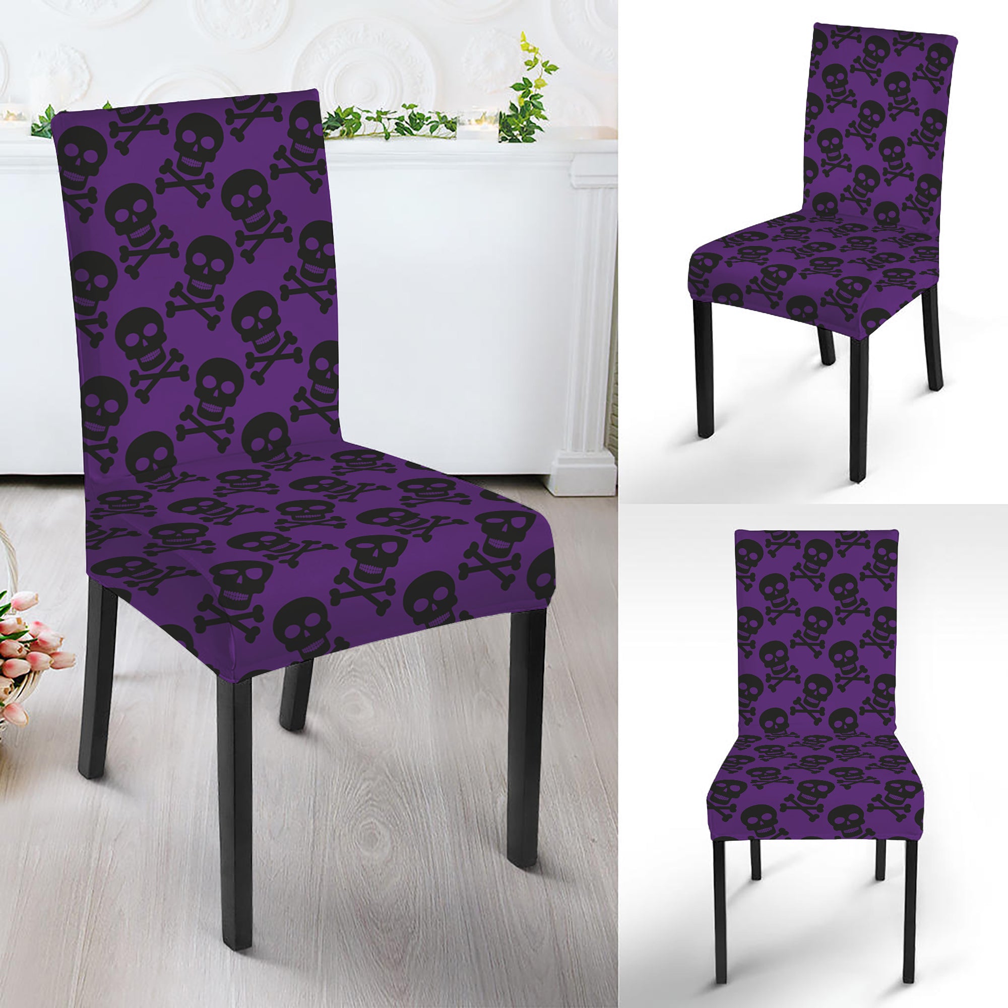 Purple And Black Halloween Skull Print Dining Chair Slipcover