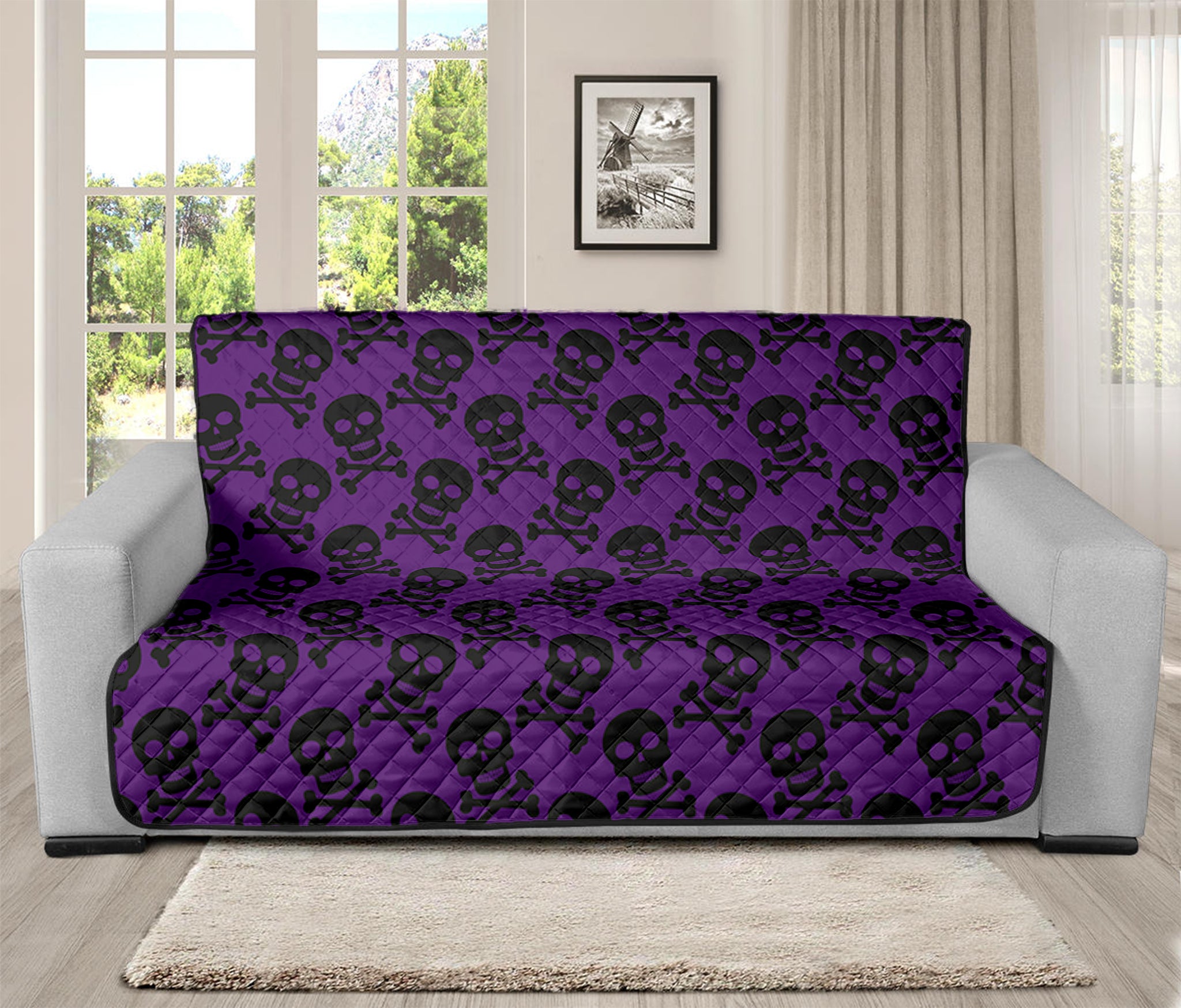 Purple And Black Halloween Skull Print Futon Protector