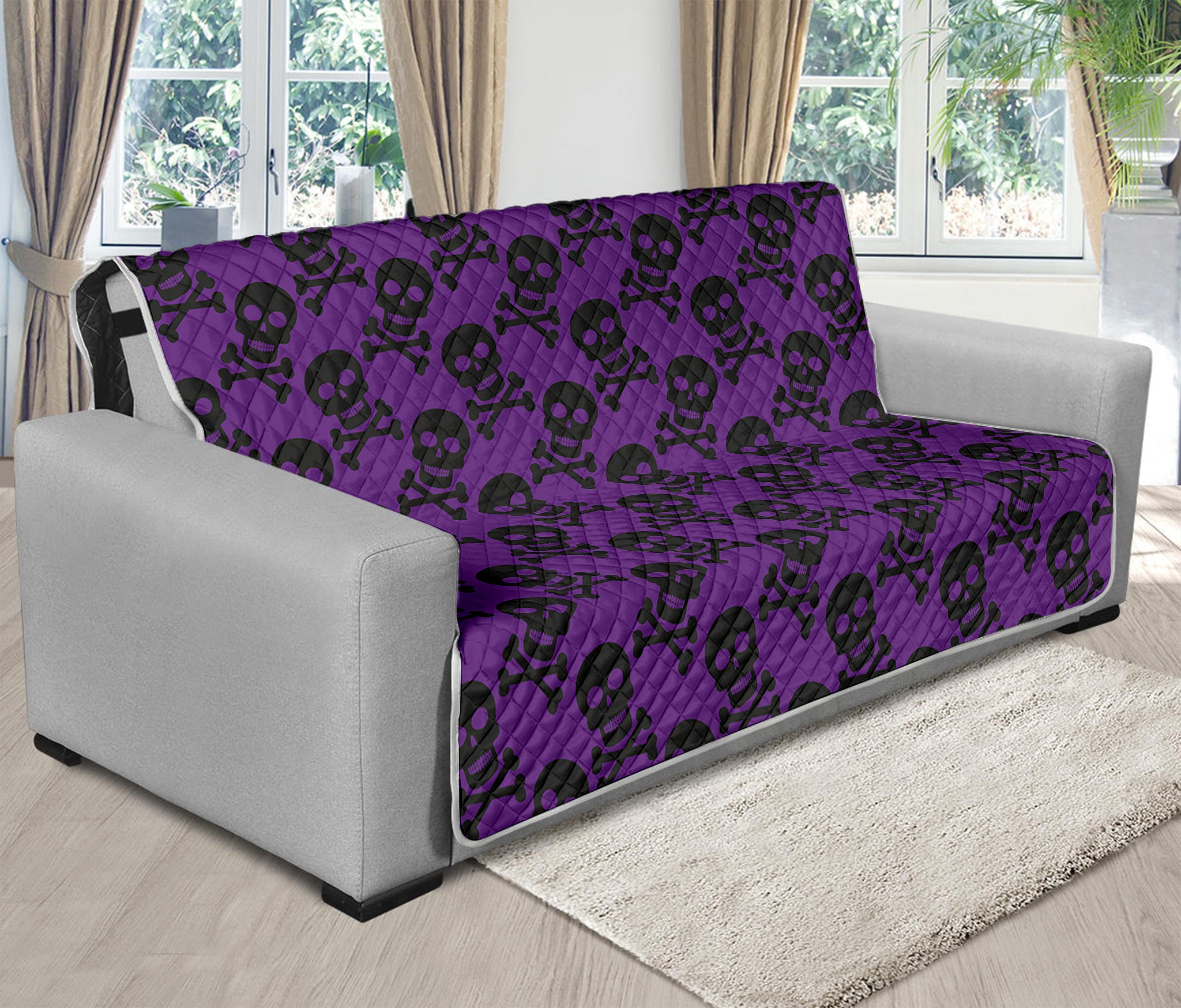 Purple And Black Halloween Skull Print Futon Protector